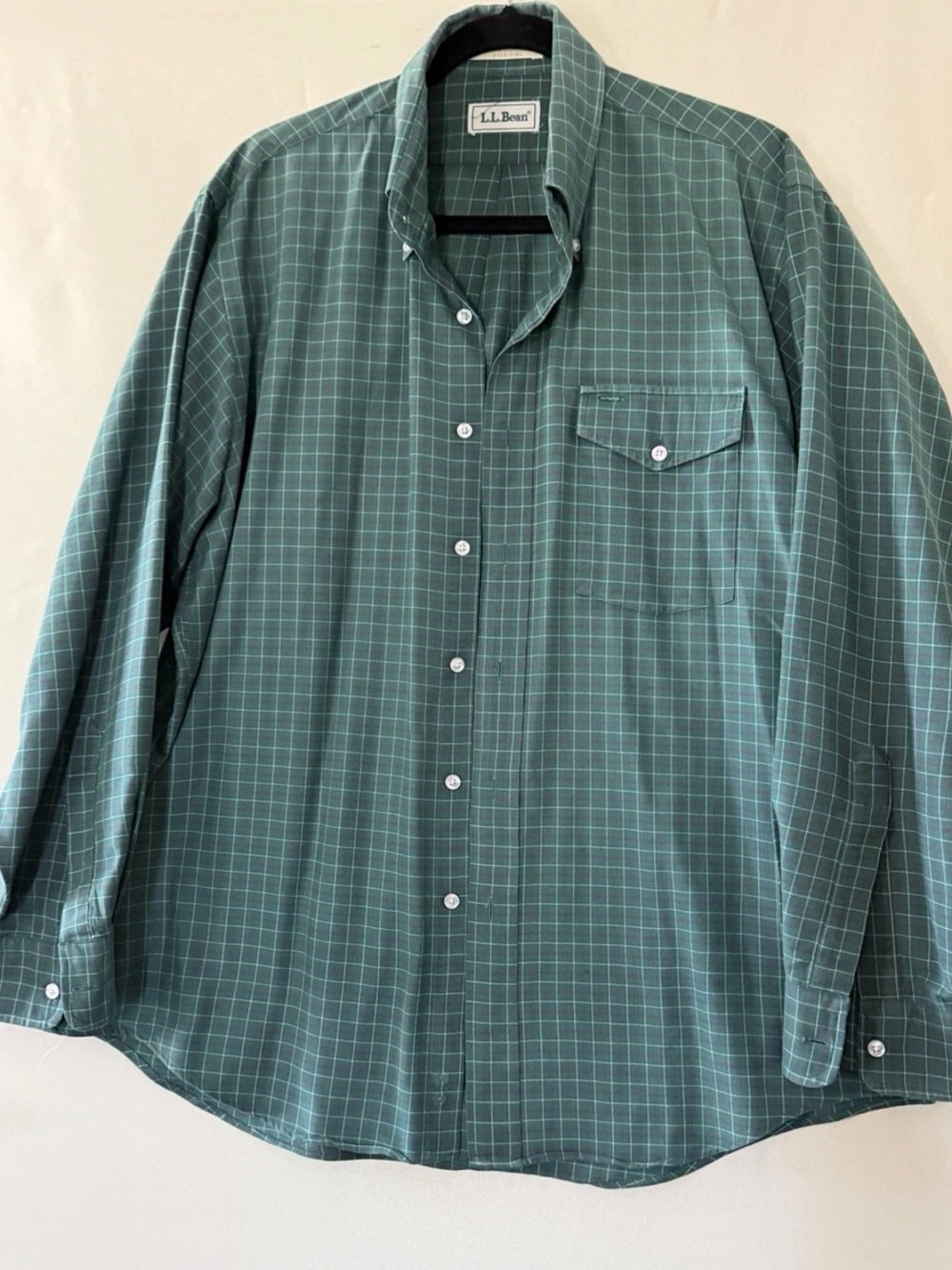 L.L. Bean Men's Green Check Long Sleeve Cotton Polyester Shirt Size 15 1/2